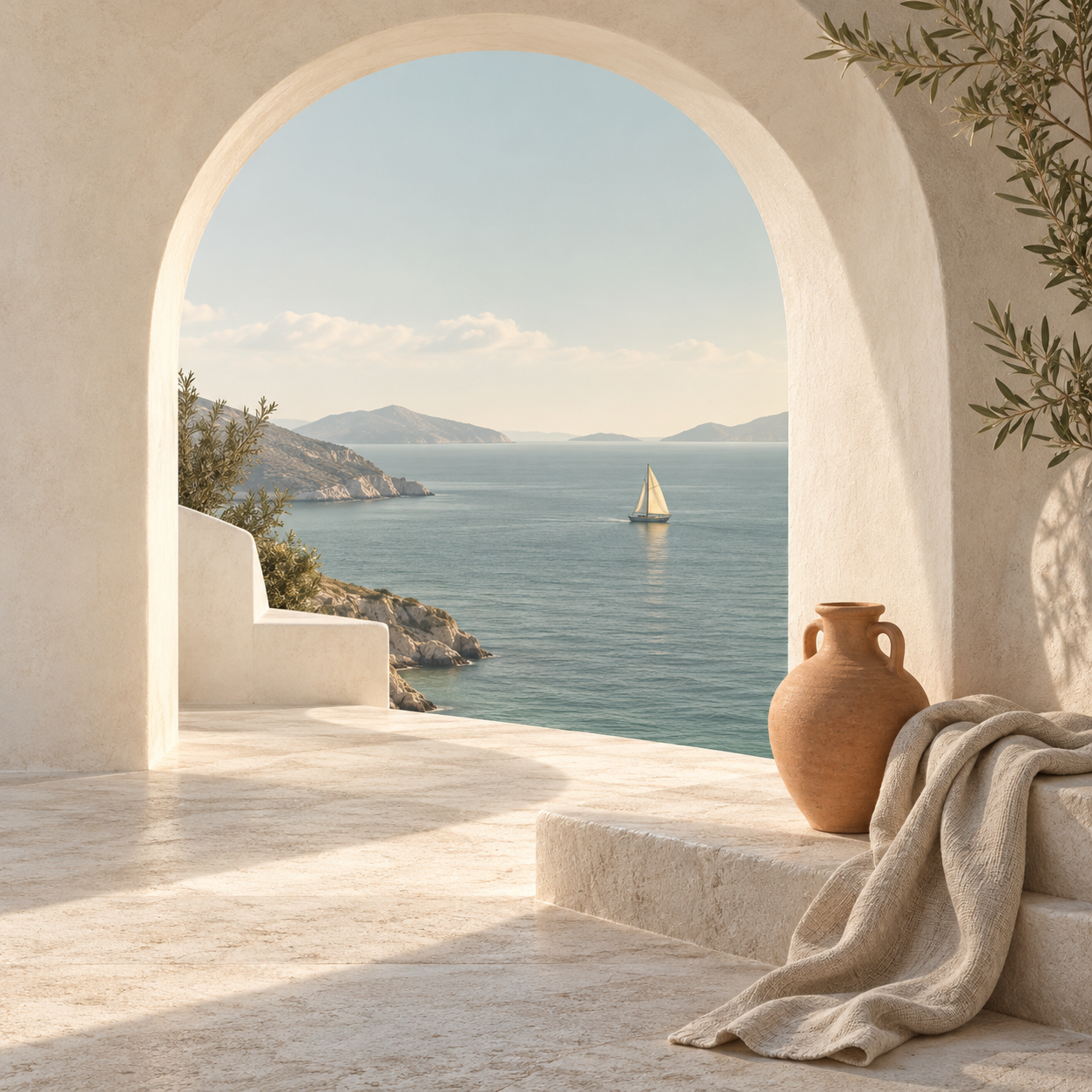 An ivory arch opening onto the Aegean Sea, with a distant sailboat, terracotta pottery and linen.