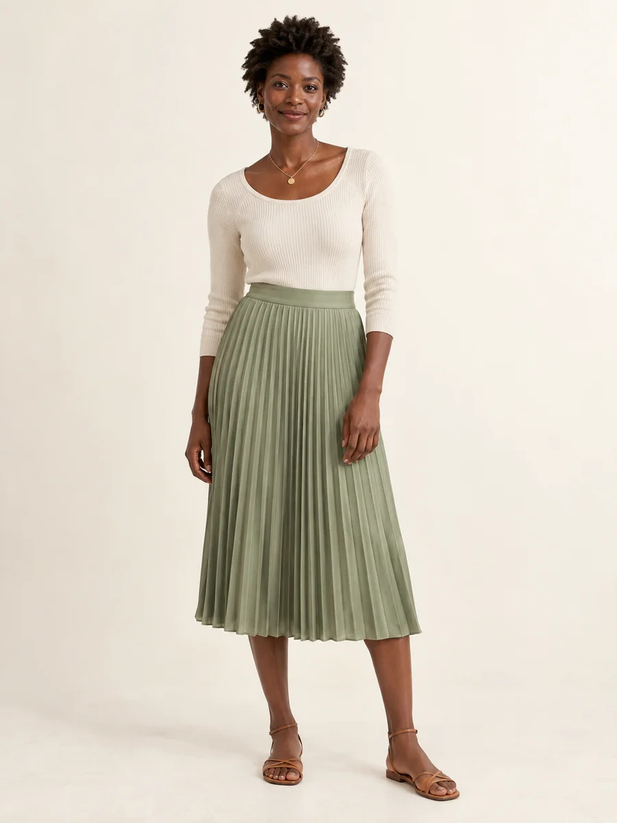 Pleated Midi Skirt — styled on an adult model