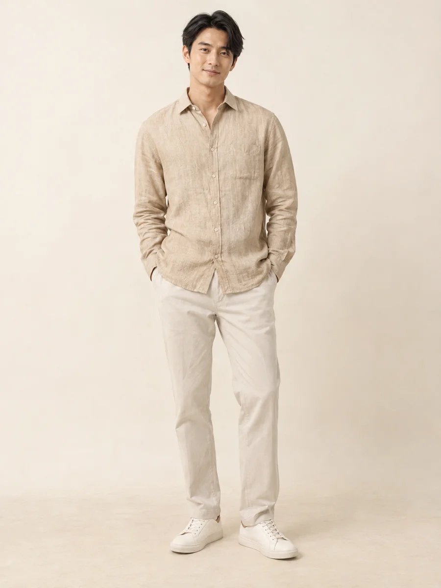 Linen Blend Shirt — styled on an adult model